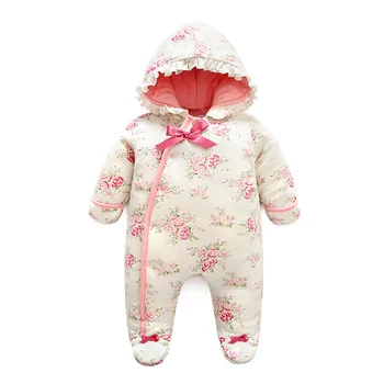 JOYHOPY Baby Girl Obleke Pozimi Baby Romper Hooded Bombaž Cvet Natisnjeni Obleko Jumpsuit Otroci Kopalke Novorojenega Otroka, igralne obleke