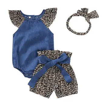 2019 Newborn Baby Dekle Letenje Rokav Denim Romper Bodysuit Vrhovi Visoki Pas Leopard Hlače Hlače Glavo 3PCS Moda Dekleta Obleke