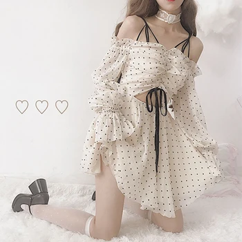 2019 Poletje Mori dekle Nov ženski Kawaii srce, ki tiskanja lolita mini Šifon Obleko trakov čipke brez naramnic dolgimi rokavi ženske obleke