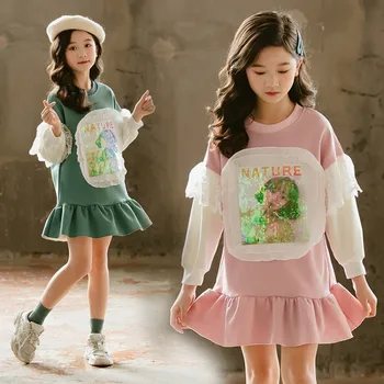 2020 Dekleta Jeseni Obleko Novi Korejski Slog Dolgimi Rokavi Pulover Obleko Dekleta Modni Flounced Obleke Dropshipping