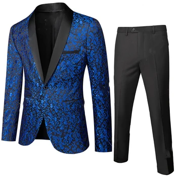 2020 Modra Jacquardske Moški Suknjič Blazer Moda Slim Fit Meri Izdelan Poročni Moških Tuxedos Suknjič Hlače Homme Kostum