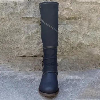 2020 Ženske Boot Mode Pozimi Strani Zadrge Sponke Traku Sredi Tele Škornje Dame Krog Toe Nizkih Petah Punk Jahanje čevlji za Ženske