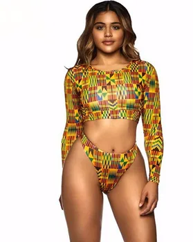 Afriške Letnik Print Bikini Komplet Push Up Pad Kopalke, Kopalke Seksi Retro Žensk Visok Pas Dna Plavati Dolg Rokav Kopalke