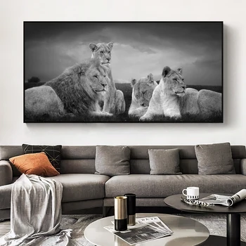 Afriške Lions Družino Črno in Belo Platno Umetnosti Plakatov in Fotografij Lions Živali Platna Slike na Steni Umetniške Slike Dekor