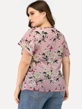 Amtivaya XL Šifon Natisnjeni Bluzo Proti-vrat Očesa Šivanje Kratek Rokav 2020 Poletje Nova ženska Oblačila