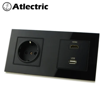 Atlectric DE EU Standardni Vtič v električno Vtičnico HDMI TV Podatkovni Vrata Vtičnico Dvojno Steno Steklena Plošča Električno Vtičnico