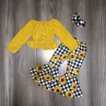 Baby Dekle pade obleke trdna rumena raglans z sončnično bell dnu kariran hlače dekliška jesen/zima nastavitev z lokom