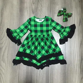 Baby dekleta jesen/zima obleko dekleta zelena kariran obleko otrok boutique obleko z lokom na debelo