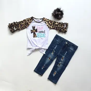 Baby Dekleta Jeseni obleko dekleta leopard tiskanja rokav vrh z jeans hlače boutique oblačila z lokom