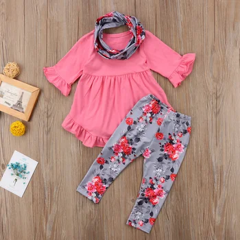 Baby Dekleta Malčka Otroci Čipke Pol Sleeve Solid T-shirt Vrhovi Cvetlični Hlače Šal 3Pcs Obleke Oblačila