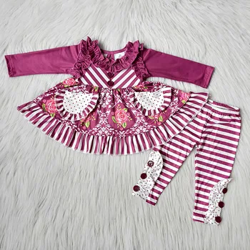 Debelo Otrok Baby Dekleta Vijoličen Cvet Oblačila Sklop Otroci Pocket Stripe Majica Ruffle Gumbi hlače butik Zimski Obleke