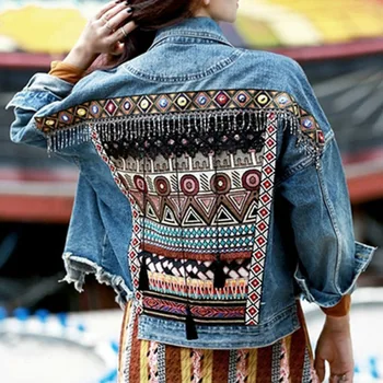 Denim ženska jakna jeseni letnik etnične appliques Vezenje tassel svoboden plašč dolgimi rokavi jakno za ženske Abrigo de mujer