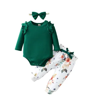 Dojenčka Iztrgana 3 Kos Obleke, Obleke, Dolg Rokav Plesti Romper Rokavi Top + Cvetlični Hlače + Lok Glavo