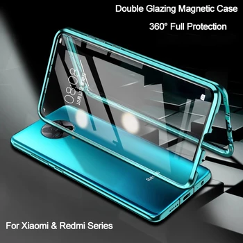Dvojno Stranicami Magnetni Kovinski kovček Za Xiaomi Redmi Opomba 9 9 8 8T 7 9A 9C K20 10 Ultra 9T CC9 Pro POCO X3 NFC F2 Pro steklen Pokrov