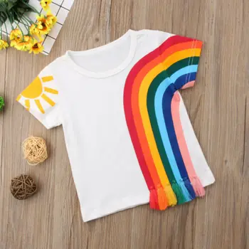 Emmababy Vroče Otroci Baby Dekleta Priložnostne Mavrične Majice Tassel Mozaik Bombaža T-shirt Vrhovi