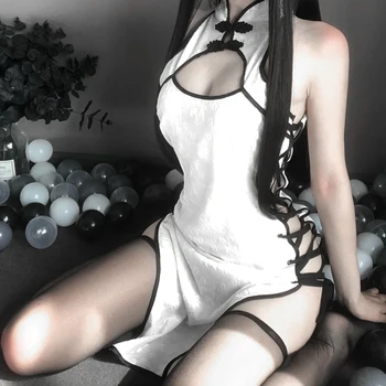 Erotično Anime Cosplay Kopalke Črne in bele Dame Oblačenja Žensk Čipke Obleko Fancy Slim Fit Odpri Prsni Enotno Seksi Cheongsam