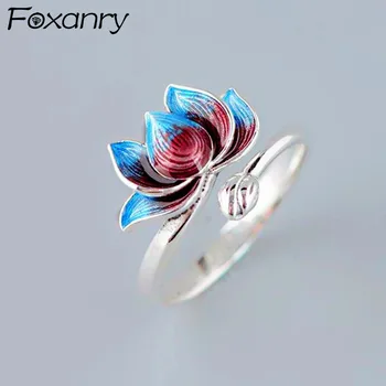 Foxanry 925 Sterling Srebro Trendy Obroči za Ženske Ustvarjalne Preprost Multicolor Spusti Glaze Lotus Eleganten Stranka Nakit Darila