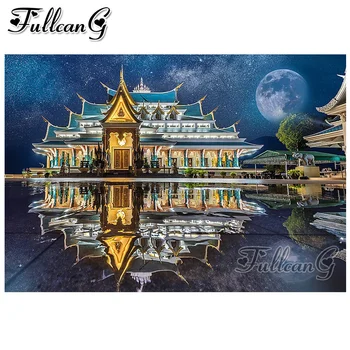 FULLCANG 5d diy diamond slikarstvo tajski tempelj celoten kvadratni/krog vaja mozaik vezenje nosorogovo prodaje noč pokrajino FC1314