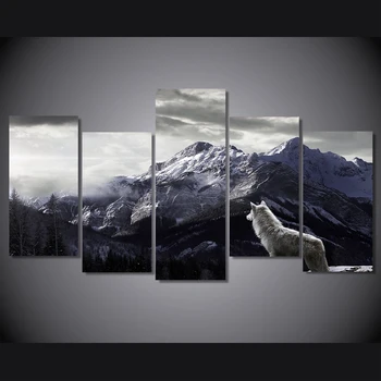 HD Natisne Platno Wall Art Dnevni Sobi Doma Dekor Slike 5 Kosov Sneg Gorske Planote Volk Slike Živali Plakati Okvir