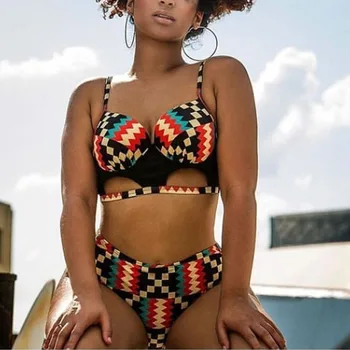 High Cut Kopalke Visoko Pasu Brazilski Bikini Push Up Kopalke Ženske 2019 Maillot Bain De Femme Afriške Tiskanja Kopalke Plavati