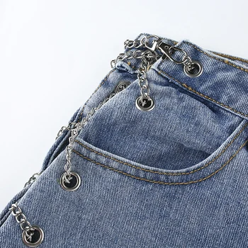 INS Verige Čipke Visoko Pasu Ženska Jeans Priložnostne Naravnost Traper Hlače High Street Modra Suh Dolge Hlače korejski Pocket Kavbojke