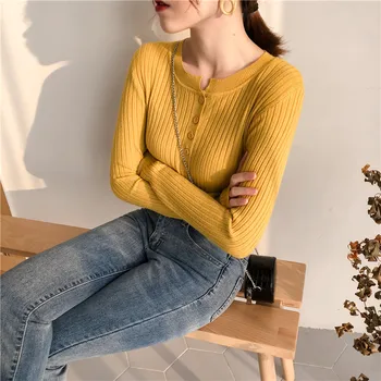 Jeseni Dolgimi Rokavi Ženske T-shirt Gumb Znotraj Sweatershirt Tesen Hujšanje Elastična Plesti Vrh O Vratu Jersey Trdno Dno Majica