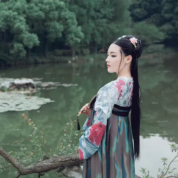 Kitajski Folk Dance Kostum Hanfu Ženske Ženski Stari Princesa Festival Stage Performance Cvjetnim Natisne Tradicionalna Oblačila