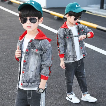 Korejski Baby Fantje Jeans Jakne Spomladi Leta 2020 Otroci Traper Plasti Bombaža Pismo Hooded Vrhnja Oblačila 8 Do 12 Let Malčka Vrhovi