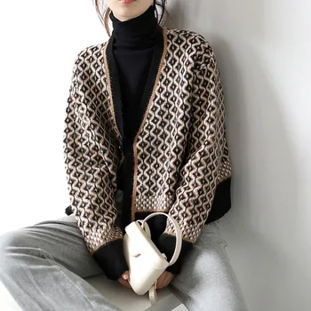 Korejski Elegantna 2020 Jopico Ženske Zimske Geometrijske Tiskanja Pletenine Priložnostne Jopiči, Plašči Za Kavo Puloverji Ohlapna Vrhnja Obleka Ženske