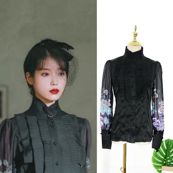 Kpop IE Lee Ji Eun novo stojalo ovratnik naguban črna majica ženske Večer stranka temperament Cvet tiskanja dolg rokav bluzo in vrhovi