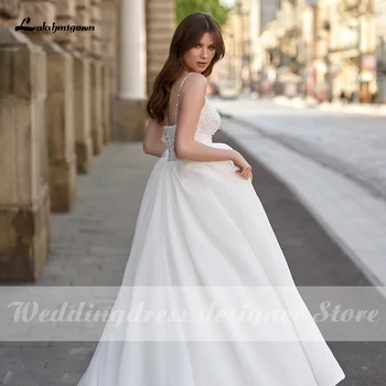 Lakshmigown Preprosto Linijo Poročnih Oblek z Biseri Špagete Trakovi Ljubica White Custom Made Poročne Obleke vestido de novia