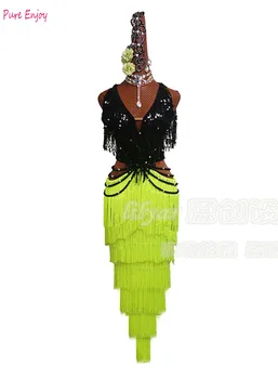 Latinski Ples Obleke Za Ženske Črna svetlo zelena Sequined tasselFeminine Oblačila Moda za Ženske Strokovno Dvorana obleko