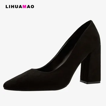 LIHUAMAO črni Usnjeni črpalke visoke pete, čevlji za ženske konicami prstov zdrsne na čevlji dame oblačenja stranko poroko