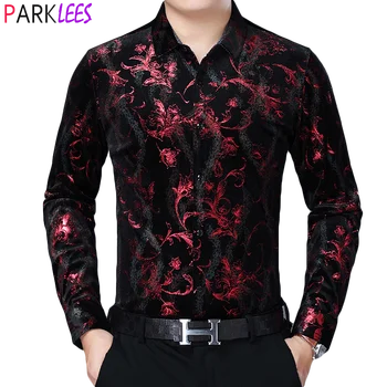 Luksuzni Cvetlični Žametno Obleko Srajce Moške 2020 povsem Novo Slim Fit Dolg Rokav Velur Majica Moški Priložnostne Socialne Majica Moški Camisas 4XL