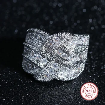 Moda Vezavi Navijanje Design resnično 5A Micropave Kristalno Cirkon kamen 925 sterling srebro Zaročni Prstan za ženske Luksuzni nakit