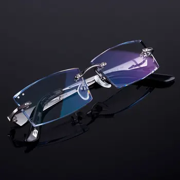 Moški Poslovni Slog Okvira Ženske Titanove Zlitine Optični Okvir Diamond Obrezovanje Cut Rimless Očala S Gradient Odtenek Leče