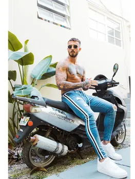 Moški Skinny Jeans Biker Uničeno Pohaban Fit Denim Raztrgala Traper Hlače Strani Trak Svinčnik Hlače Ulične Hip Hop Hlače
