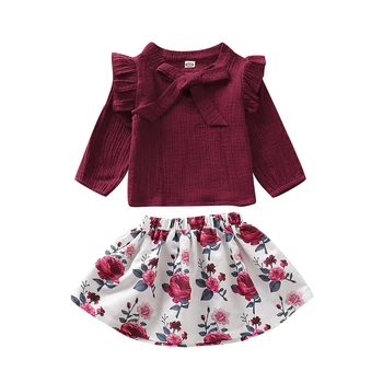 Newborn Baby Girl Obleke Dolg Rokav Vrhovi T-shirt Cvetlični Krilo Obleko Obleke Nastavite 0-36M