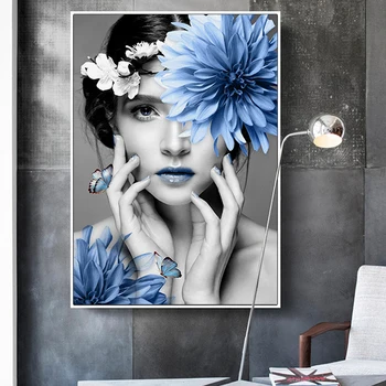 Nordijska Modro Cvetje Lepoto Model Platno Natisne Ženska Plakati Wall Art Platno, Slike, Slike, Dekleta Spalnica Dekoracijo Doma