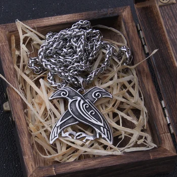 Nordijski mitologiji Odin Huginn in Muninn ogrlico, obesek, viking Krokar ogrlica iz nerjavečega jekla, ki nikoli ne zbledi s leseni škatli