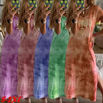 Nove Ženske Poletje Etnične Boho Bombaž Perilo Tie-Dye Split Robom Kratek Rokav Dolgo Maxi Priložnostne Obleko Gypsy T-Shirt Dame Plus Velikost