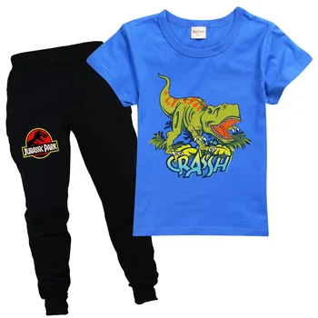 Novo Bombaža, Kratek Rokav T-shirt majica + Hlače za Otroke Določa Fantje Dekleta Dinozaver Svetu Oblačil Jurassic Moda Trenirko Za Otroke