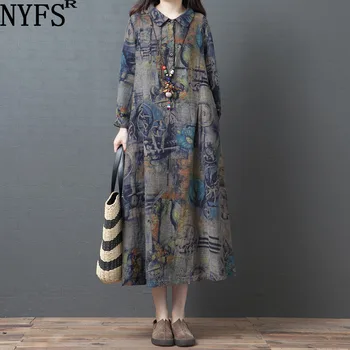 NYFS 2021 Novo Pomlad Jesen obleko Priložnostne Bombaž Dolga Obleka ohlapno Ženska obleka Vestidos Haljo Elbise ženska obleka