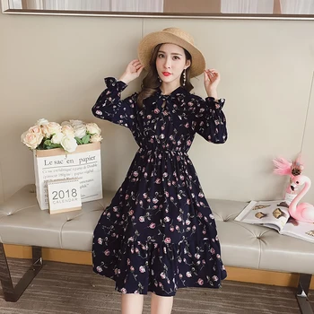 Obleke, Ženske Cvetlični Elegantno Kawaii Preprost Lok Vse-tekmo Pomlad Poletje Dolgo sleeved Šifon Dihanje Tanke korejski Modni Stil
