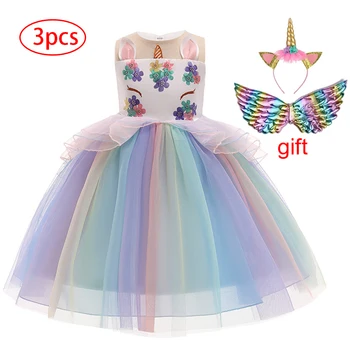Otroci Obleko 2021 Cvet Dekleta Poročno Obleko Otrok Rojstni dan Zvečer Uspešnosti Obleke 3pcs Rainbow Unicorn Vestido 10Y