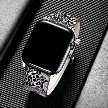 Pravega Usnja Watchband za Apple Watch 44 mm 40 mm 38 mm 42mm Ženske Moški Cvet Tiskanja Pasu Trak Zapestnica za iwatch 5 4 3 2 1