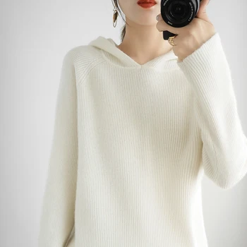 Priložnostne high-end hooded kašmir pulover ženske čiste barve pletene dolgimi rokavi pulover volne pulover Novo jeseni in pozimi