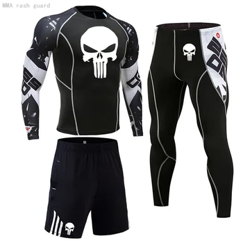 Punisher Stisnjen Oblačila Moški Usposabljanja, določene Športne Shirt Mens košarka dokolenke 3 kos obleke, Moške, Tek za nego kože kompleti