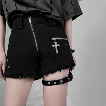 Punk Traper Hlače Ženske Temno Moda Gothic Girl Elegantna Zadrgo Seksi Križ Obroč Visi Povoj Visoko Pasu Hlače Poletje Moda