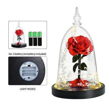 Rdeča Začaran Vrtnice z LED Luči V Stekleno Kupolo, Lepotica in Zver Cvetje Konzervirane Cvetje Mater Dan, Darila za Ženske